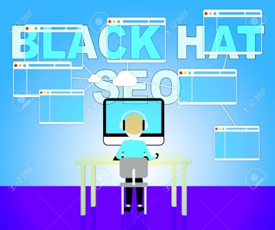 animated person wearing headphones at computer terminal - black hat seo vector icon