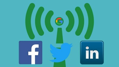 signal sending out google, facebook, twitter & linkedin vector icons