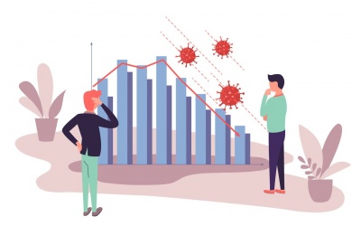 vector icon of businessmen analysing data graph post covid 19