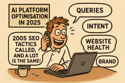 cartoon-style illustration showing man at desk with laptop on the phone surrounded by text bubbles related to seo & ai optimisation