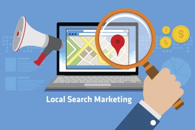 local search marketing magnifying glass laptop vector icon