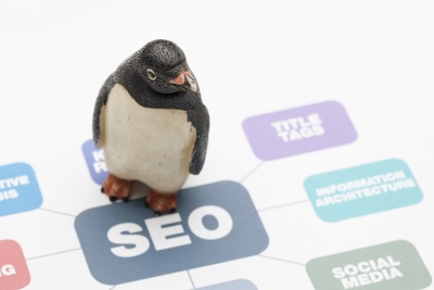 penguin appearing to walk across floor with the words seo on it