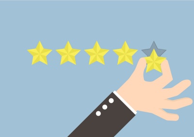 hand adding 5 gold star reviews vector icon