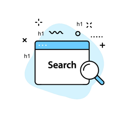 magnifying glass search & h1 icon over pc monitor