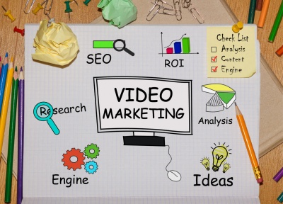 video marketing diagram on desk seo research roi search engine vector icons